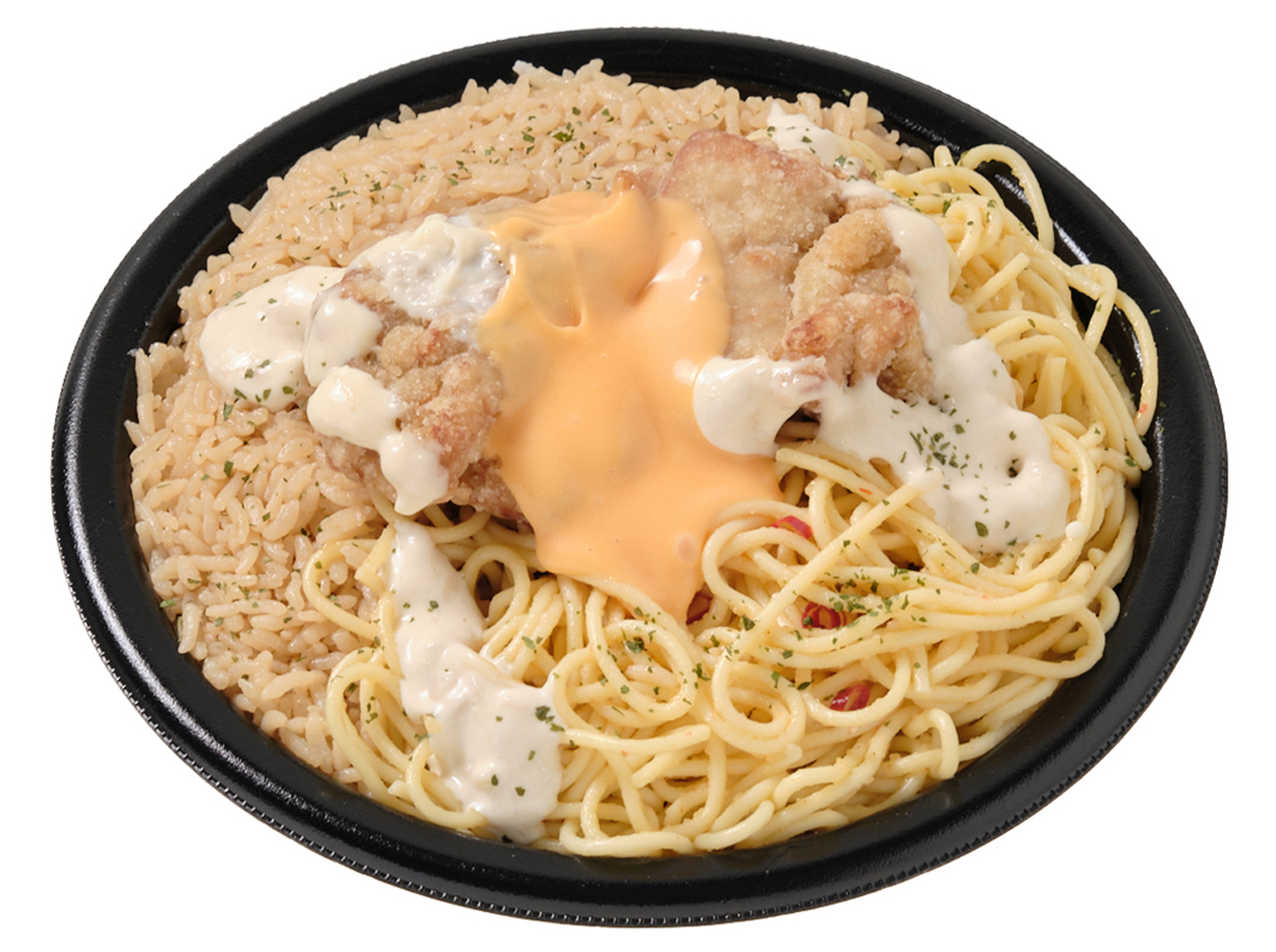 ドカ盛り！にんにくマヨ＆チーズの豚骨めし＆ペペロンチーノ